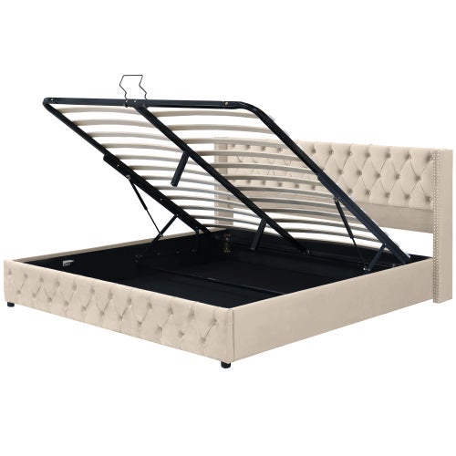 Letto Chesterfield Capitonnè con Orecchie, Tessuto Velluto Beige