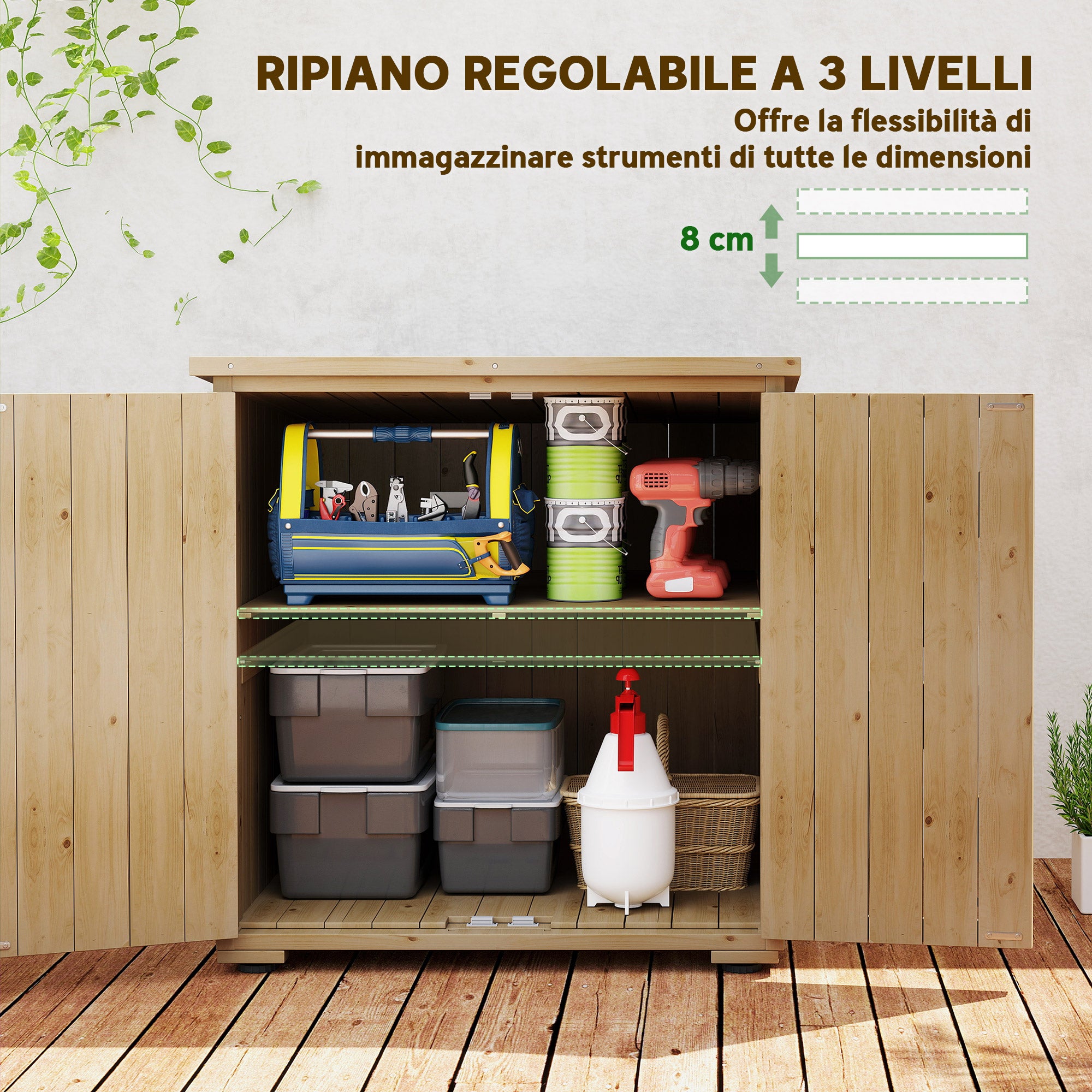 Outsunny Armadio da Esterno con Ripiano Interno Regolabile e Tetto Inclinato, in Legno di Abete, 77.5x88x90 cm - 4