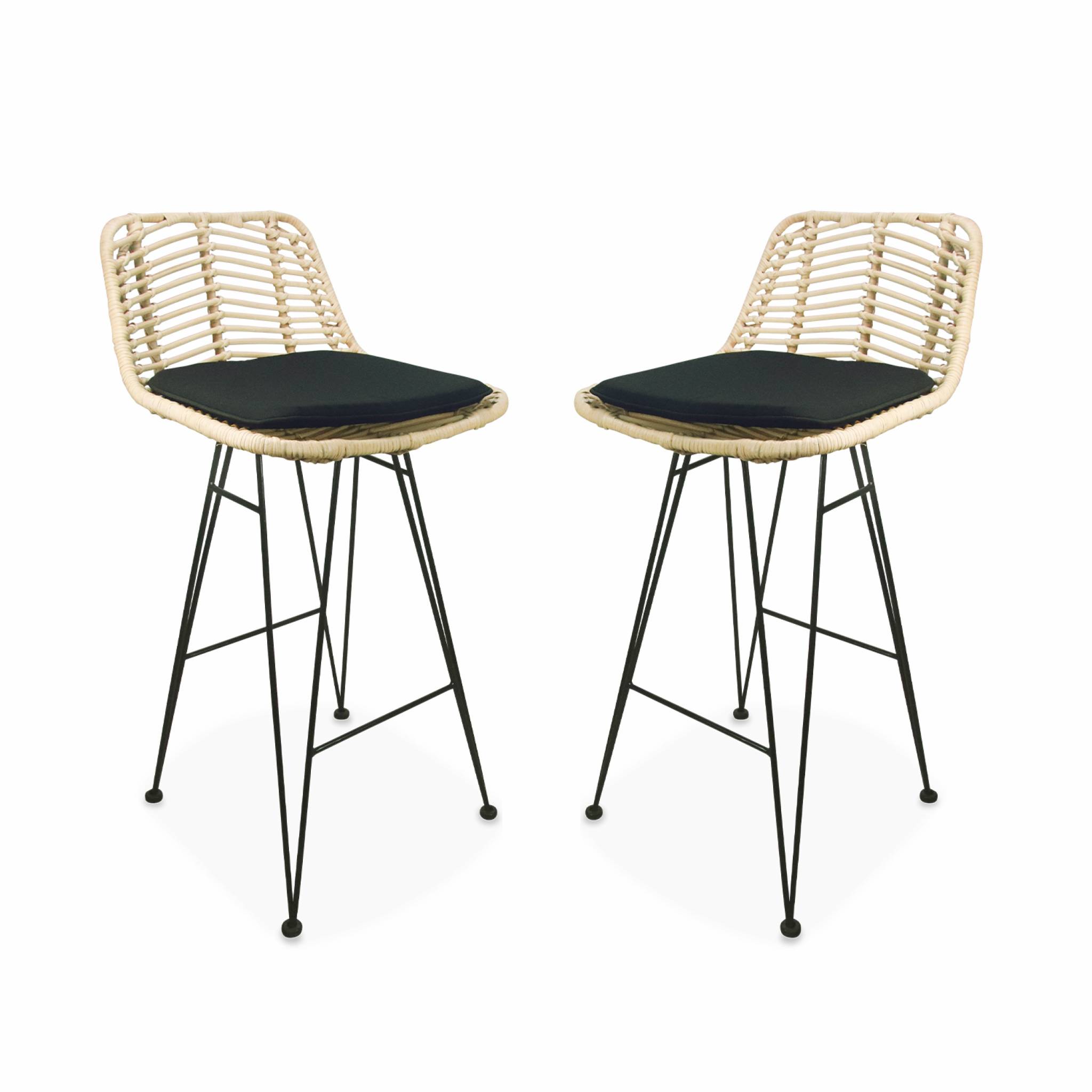 Lot de 2 tabourets de bar 67cm. métal et rotin. assise noire - Cahya CAHYA - 5