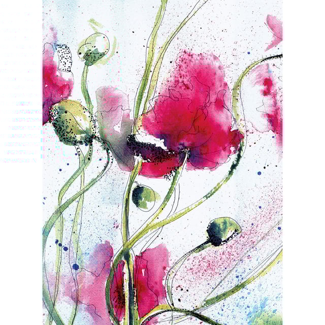Papier peint panoramique florale aquarelle Tapisserie panoramique motif fleur rouge & vert Papier peint panoramique coquelicot pour chambre adulte