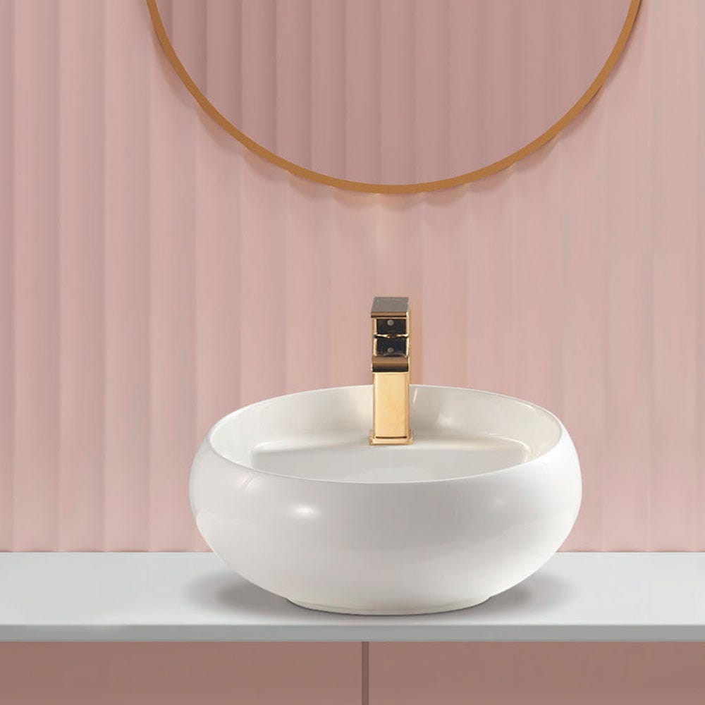 Lavabo Da Appoggio Rotondo In Ceramica Bianca 43x17 Cm - Per Bagno Moderno - Foto 6