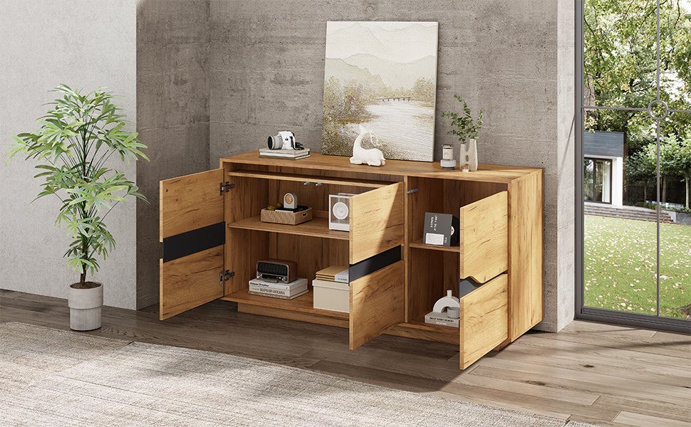 Buffet avec 3 portes, commode - 140 x 40 x 76 cm - Etagères réglables - Panneau de particules - Chêne - 3