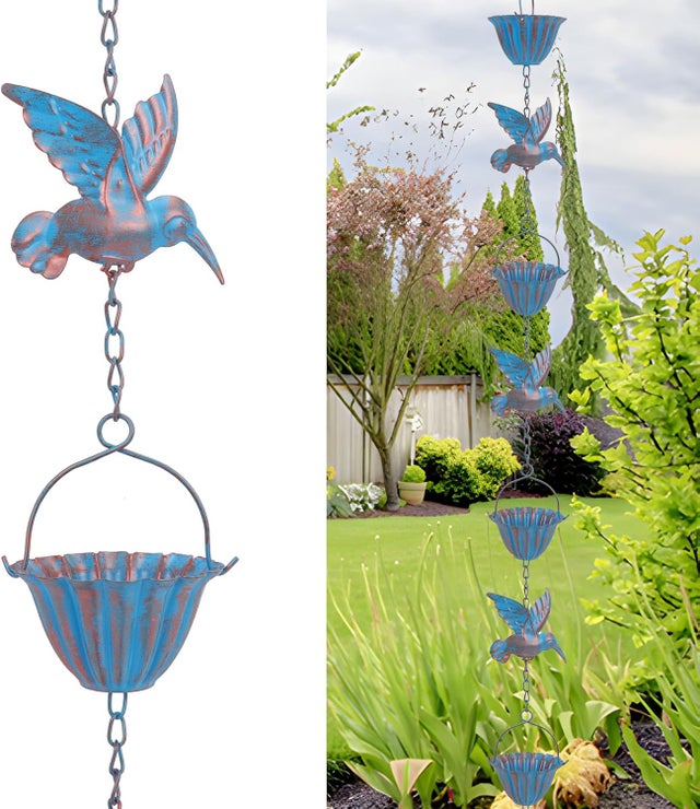 Łańcuch deszczowy 2,4 m z kolibrami – metalowy łańcuch odpływowy w kolorze retro blue, dekoracja do ogrodu i domu