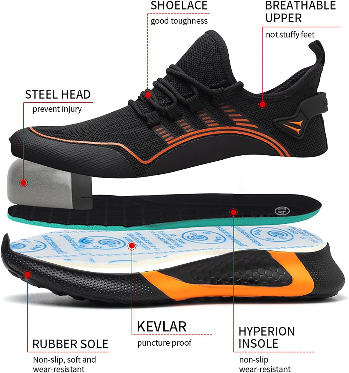 Chaussures De Sécurité Hommes Femmes Avec Capuchon D'orteil En Acier, Entraîneurs De Sécurité Confortables Légers Smash Et Ponction Noir-38 - 2