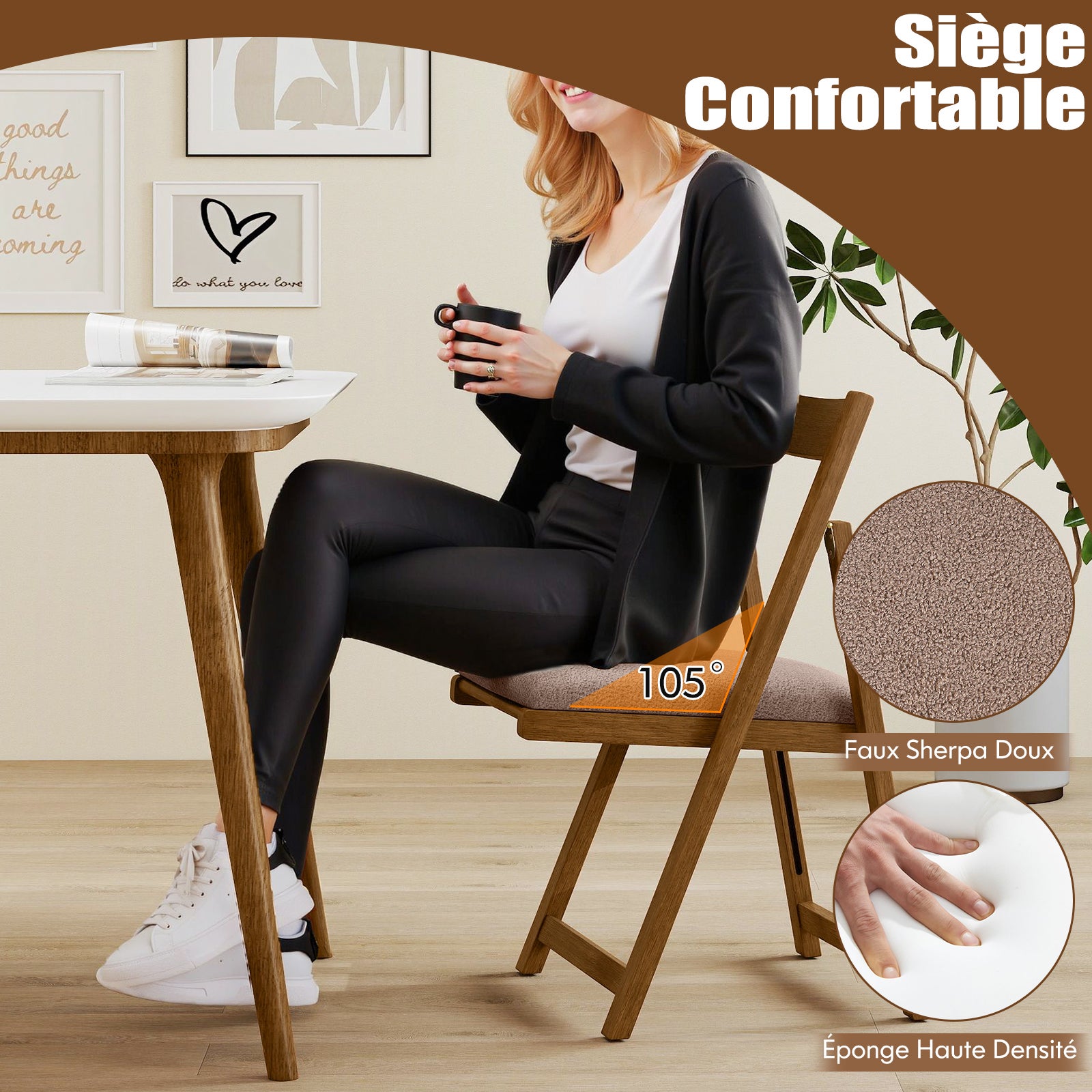 Lot de 2 Chaise Pliante avec Dossier Courbé, Chaises de Salle à Manger Rembourrées, Structure en Bois de Caoutchouc, pour Salon, Charge 150 kg, Café - 7