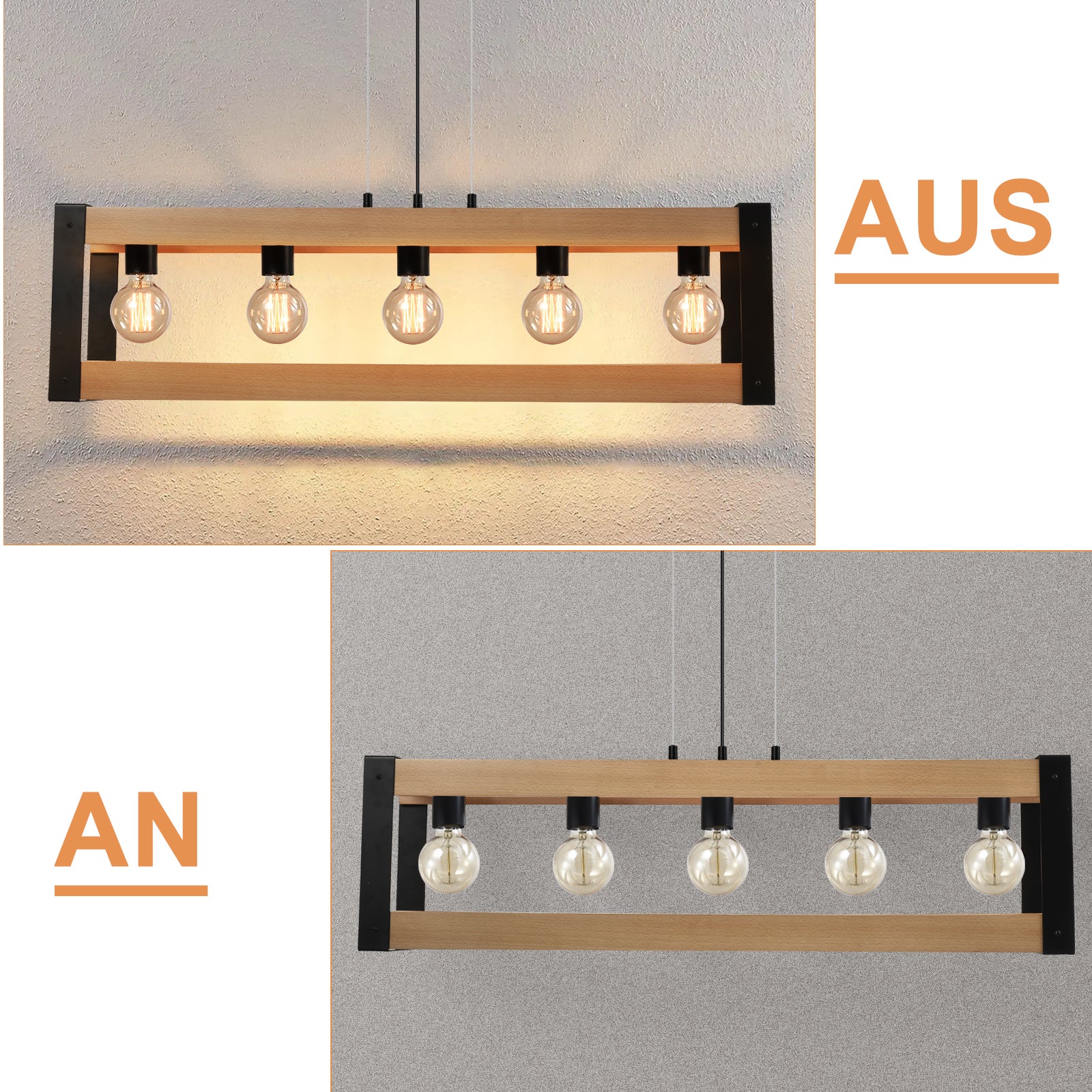 NETTLIFE Suspension lampe de salle à manger vintage en bois noire E27 5 flammes table à manger industrielle - 6