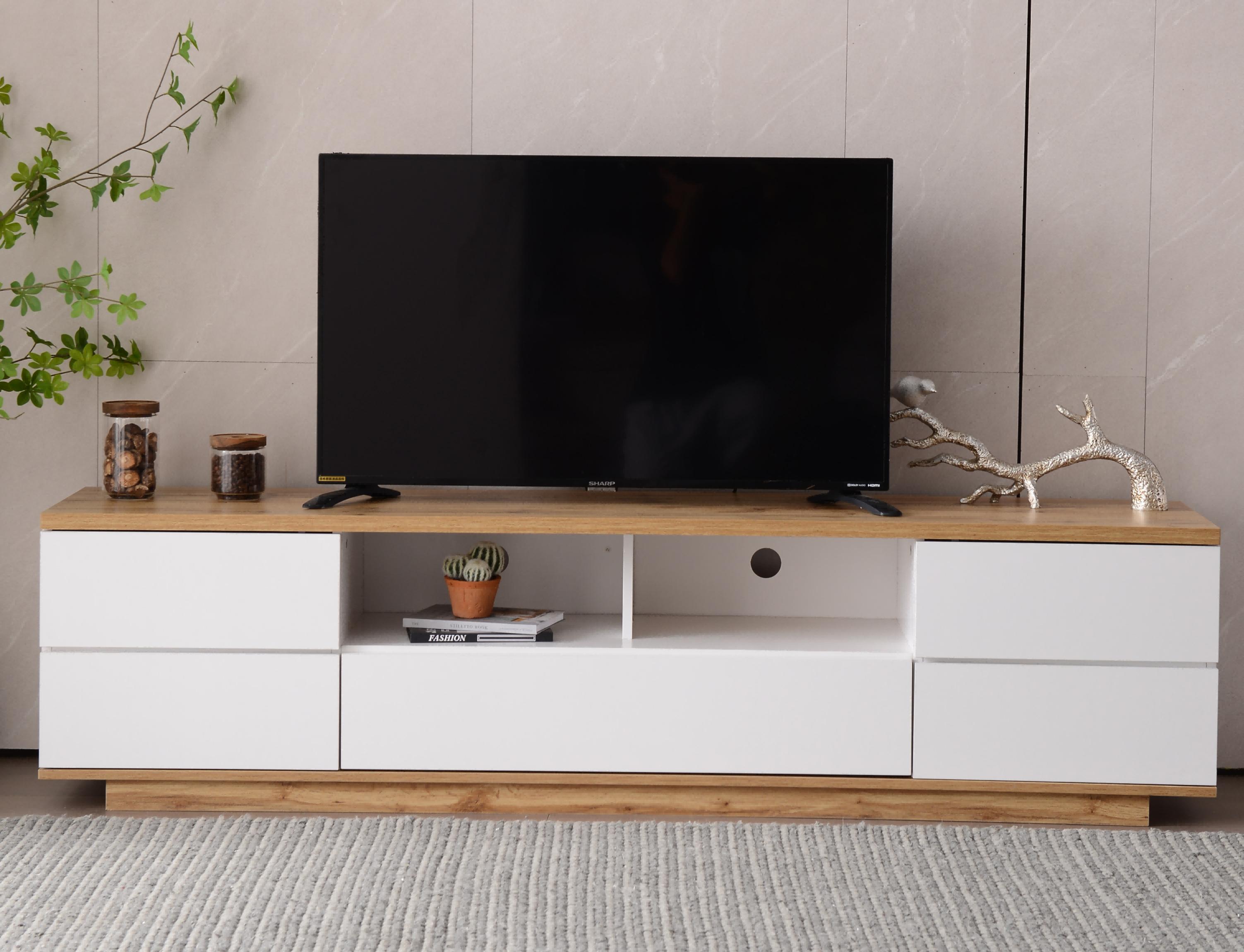 Meuble TV Moderne avec Design Colorblock Blanc et Bois, 180 cm ...