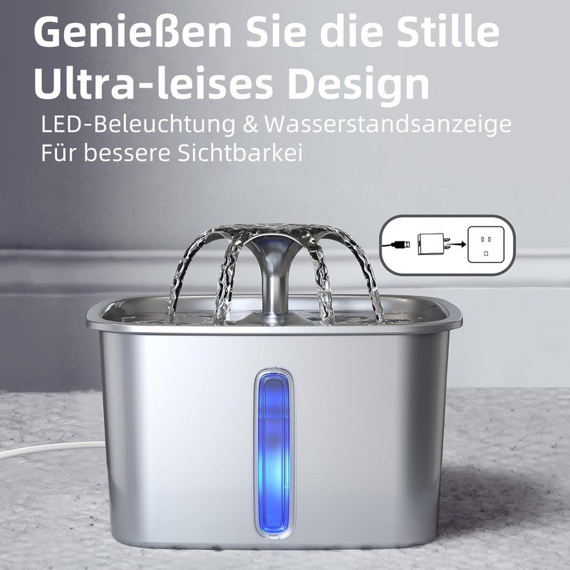 Fontaine à eau automatique de 2,2 L pour chats et chiens,chrome, distributeur d'eau automatique pour chat en acier inoxydable, 6 filtres + 6 mousses - 6