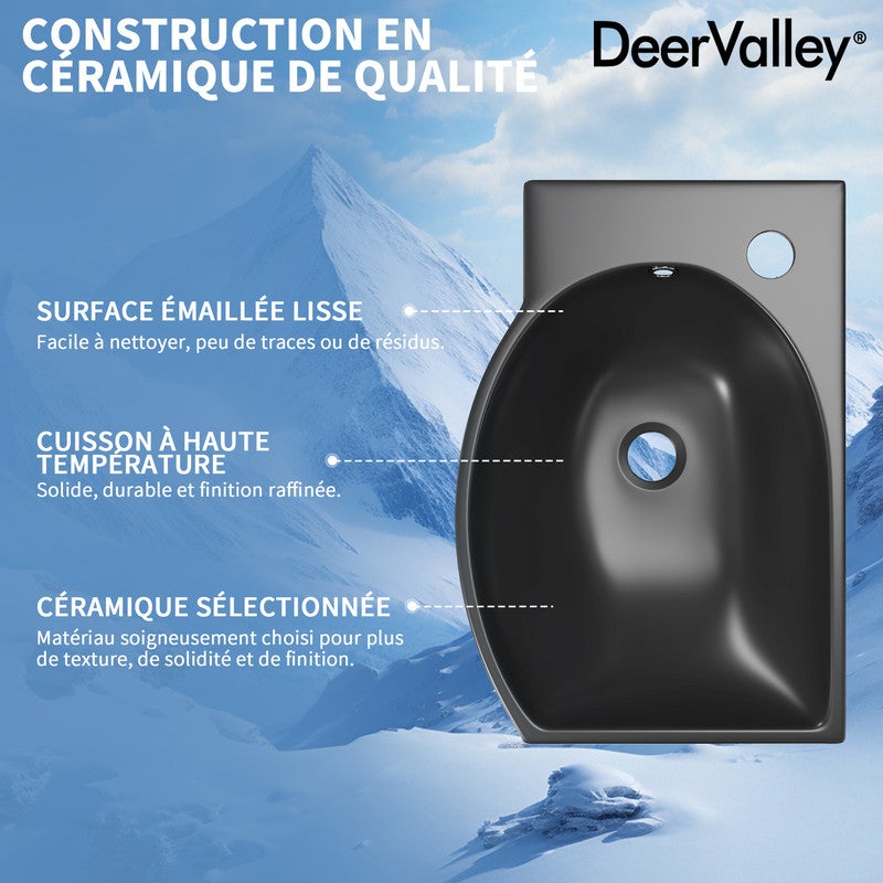 Vasque Lave Main DeerValley 400×280 mm, vasque rectangulaire en céramique noire mate, cuve à droite avec trou de robinet à gauche - 7