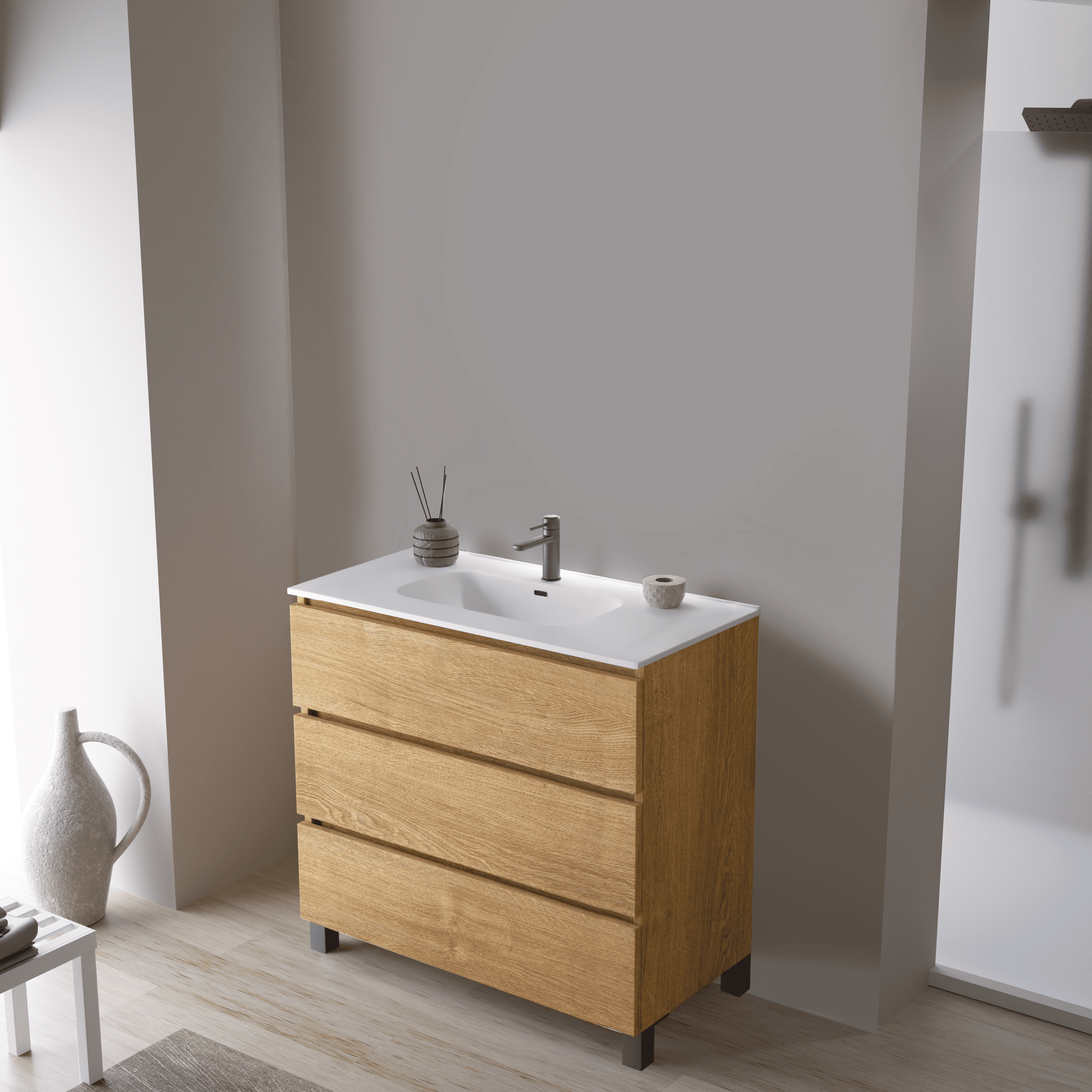 Feel Your Bath, Meuble SDB Effet Bois 100 cm + Vasque Céramique Blanc Brillant – 3 Tiroirs et Pieds, Grand Format - 2