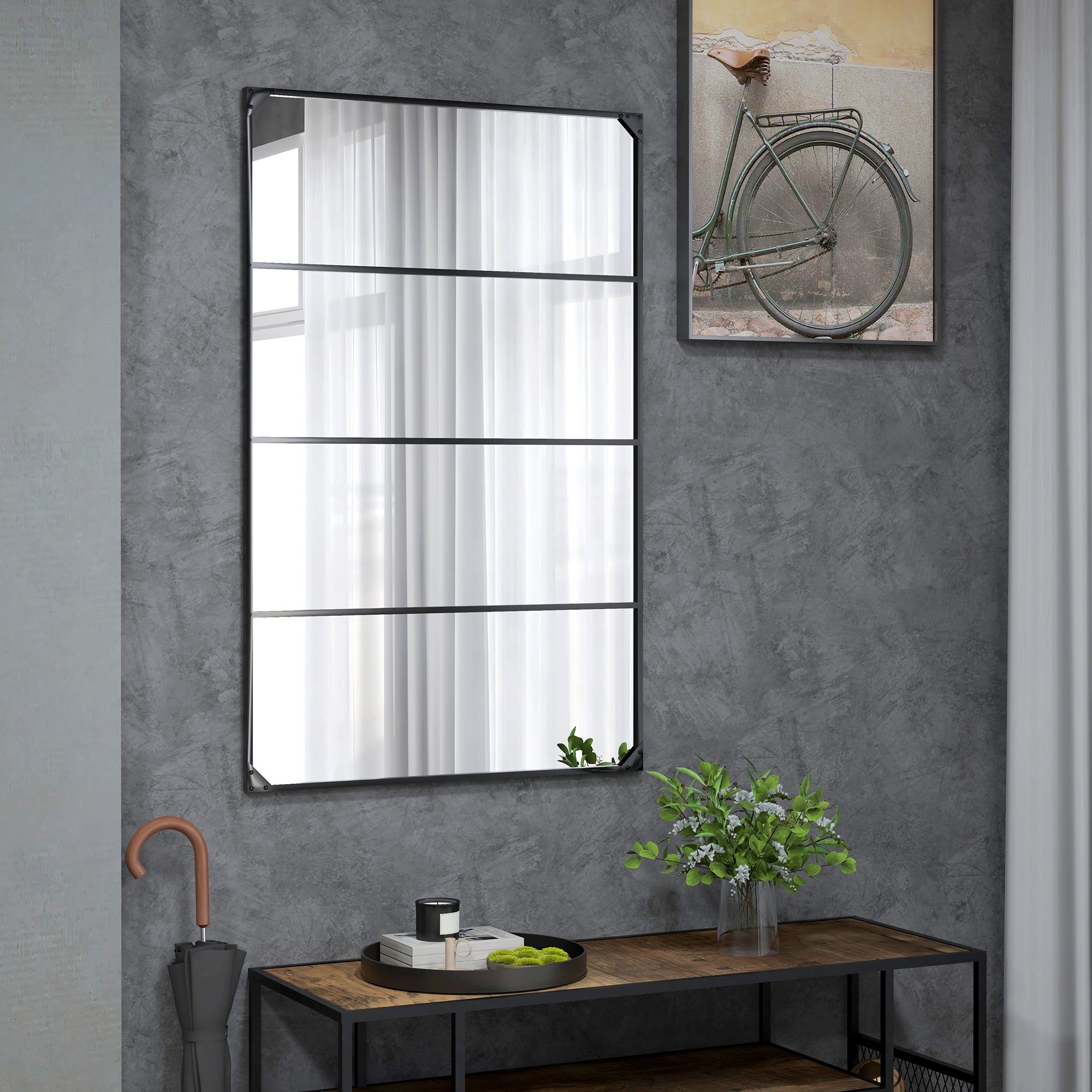 Miroir mural verrière rectangulaire style industriel,horizontal ou vertical avec 4 crochets,en métal noir 109x69cm - 3