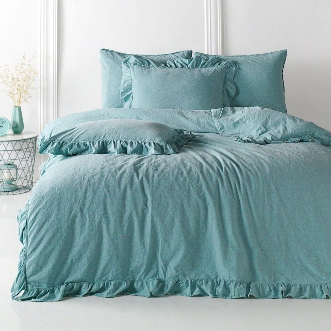 Pościel bawełniana z falbanką 220x200 Stonewashed Exclusive, Mineral Blue, niebieska - Limasso