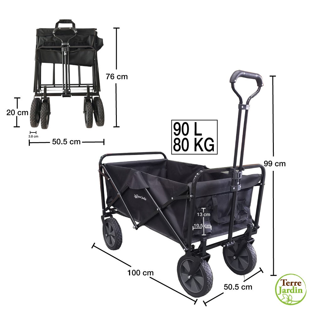 Chariot de transport pliable 90 L noir avec roues tout-terrain Ø20 cm et poignée télescopique - 3