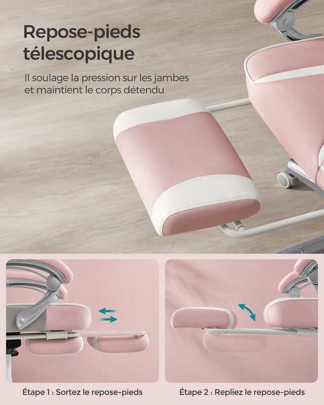 Fauteuil de Bureau, Réglable, Repose-pieds Télescopique, Mécanisme à Bascule, Appui-tête, Rose Bonbon et Blanc Crème - 7