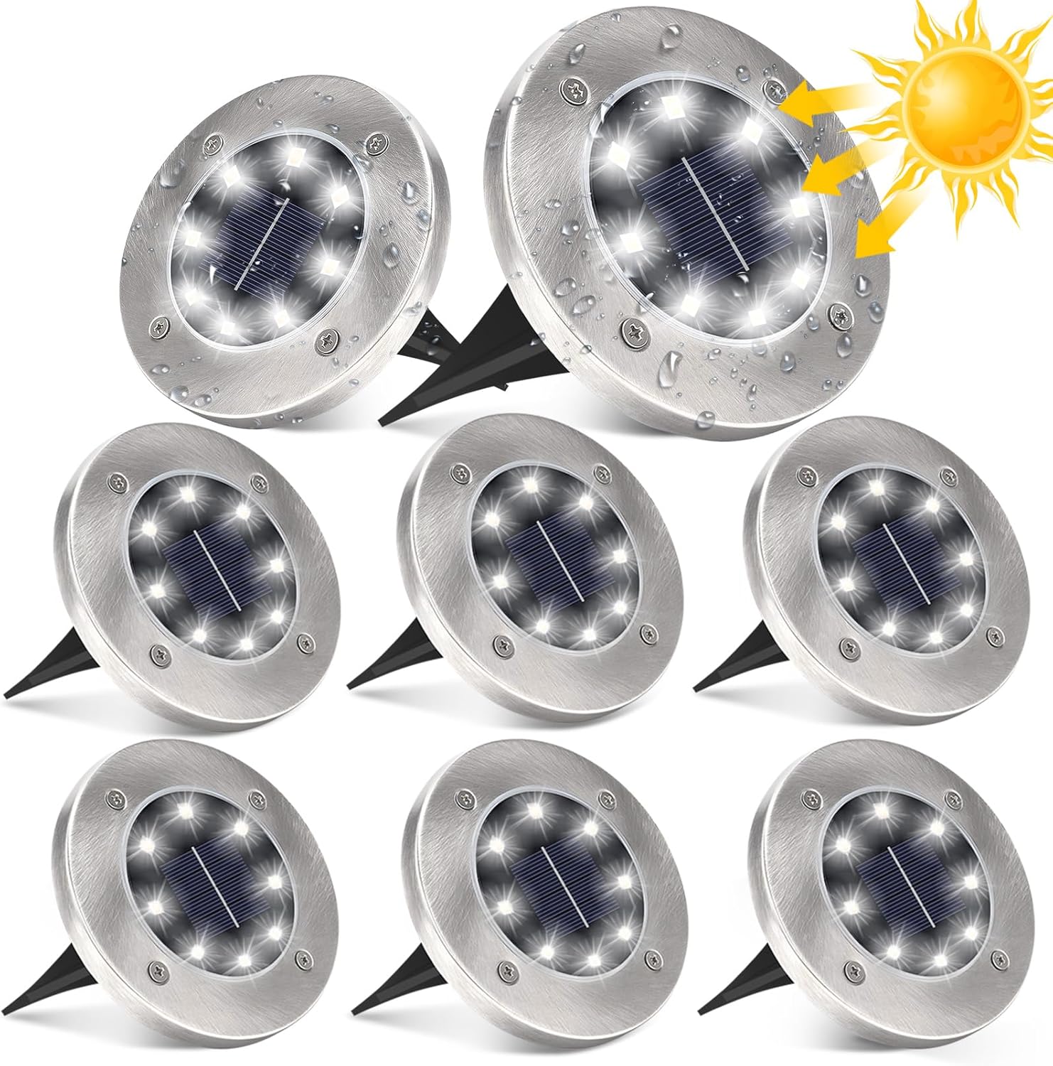 Lampy ogrodowe solarne, 8 diod LED, do ogrodu zewnętrznego, na patio, trawnik, białe światło, zestaw 8 szt.