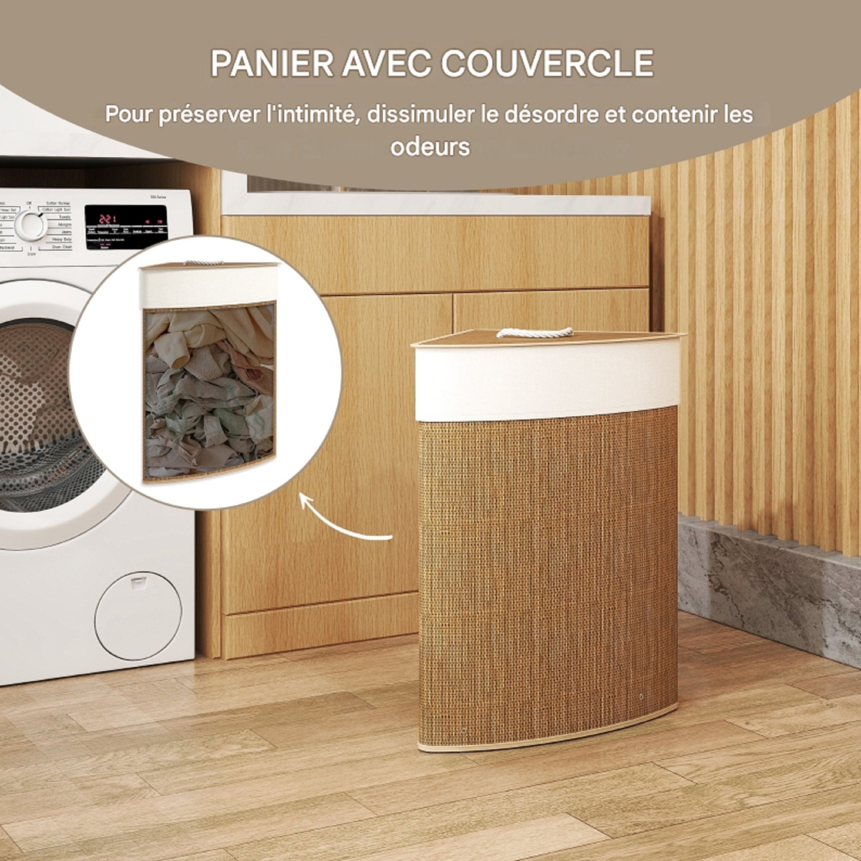 Panier à linge d'angle HOMCOM en bambou avec couvercle, 55 L, avec sac à linge amovible, idéal pour la salle de bain, marron - 7