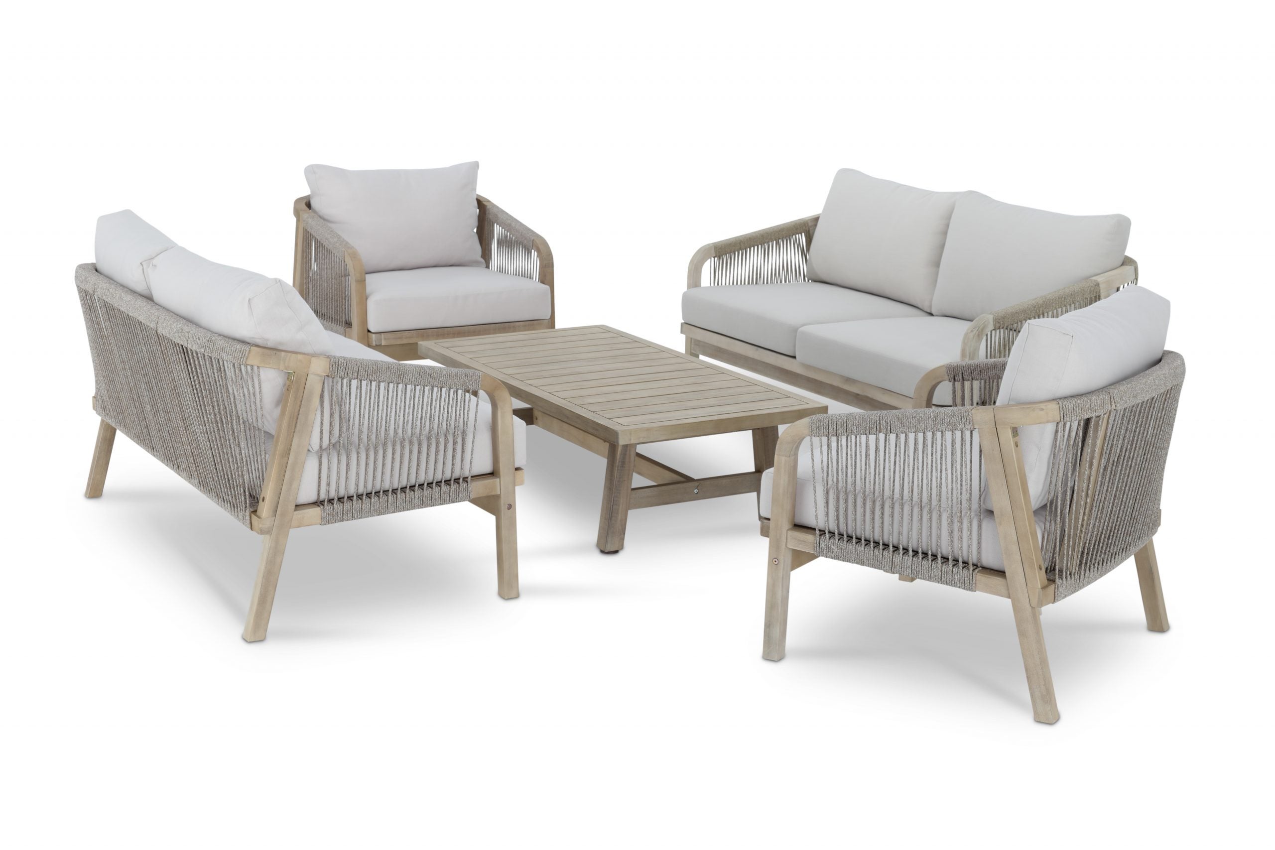 Salon de jardin 6 places en acacia et corde de couleur claire - Siena