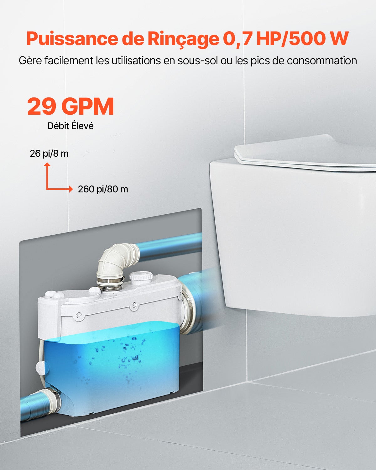 Pompe Macératrice VEVOR 500W, Pompe de Relevage 6600 L/h, Hauteur 8 m, 3 Entrées pour Toilette, Évier, Douche, Baignoire, Buanderie - 2