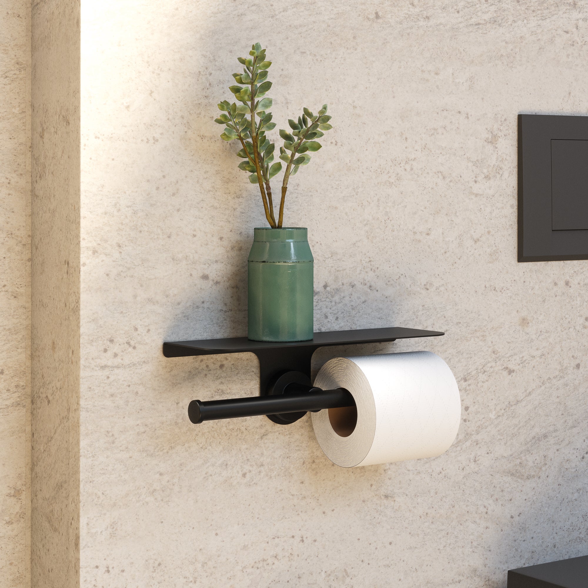 Portarrollos doble con tapa repisa architecture negro mate - tornilleria y pegamento incluidos