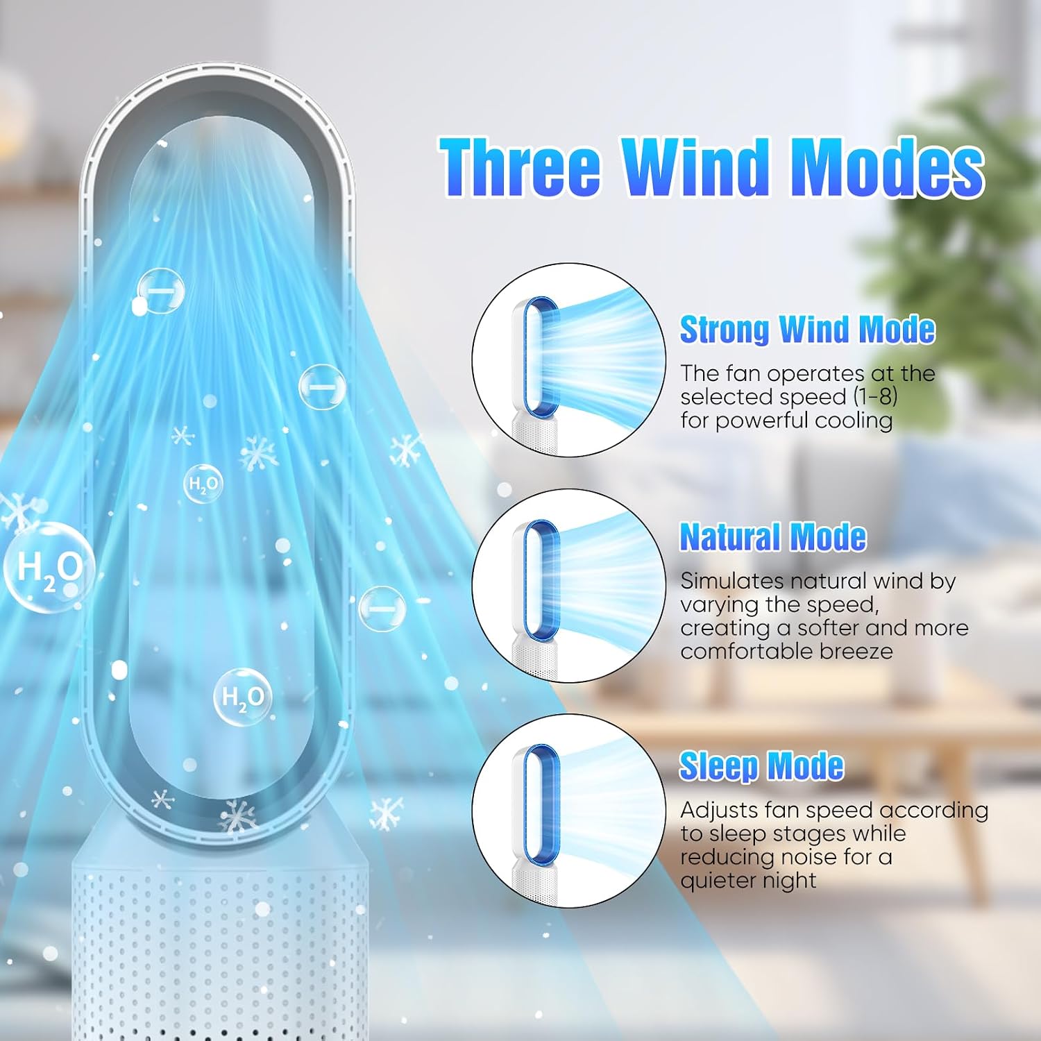 Ventilateur tour 2 en 1,Très silencieux et purificateur d'air,Ventilateur sans rotation,Avec télécommande,8 vitesses,Oscillation à 90°(Argenté) - 3