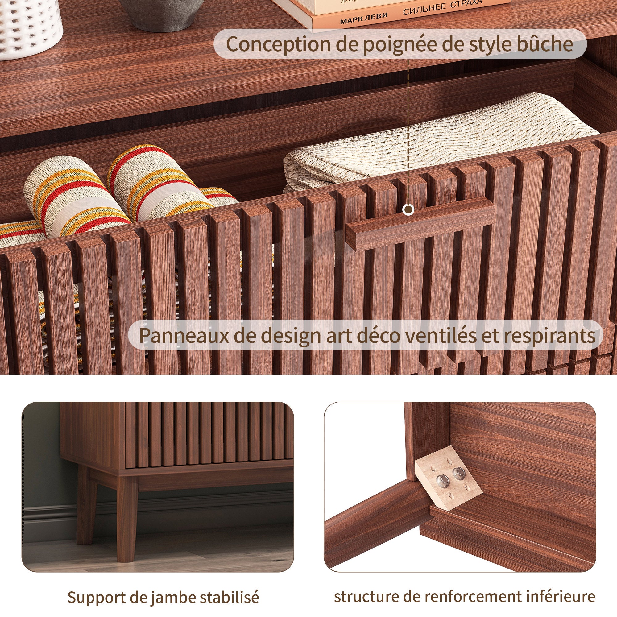 Commode avec 6 tiroirs, COZY, commode de chambre en bois, pieds en bois, 100x34x73 cm, Aspect bois, pour chambre salon, Bois noyer - 5