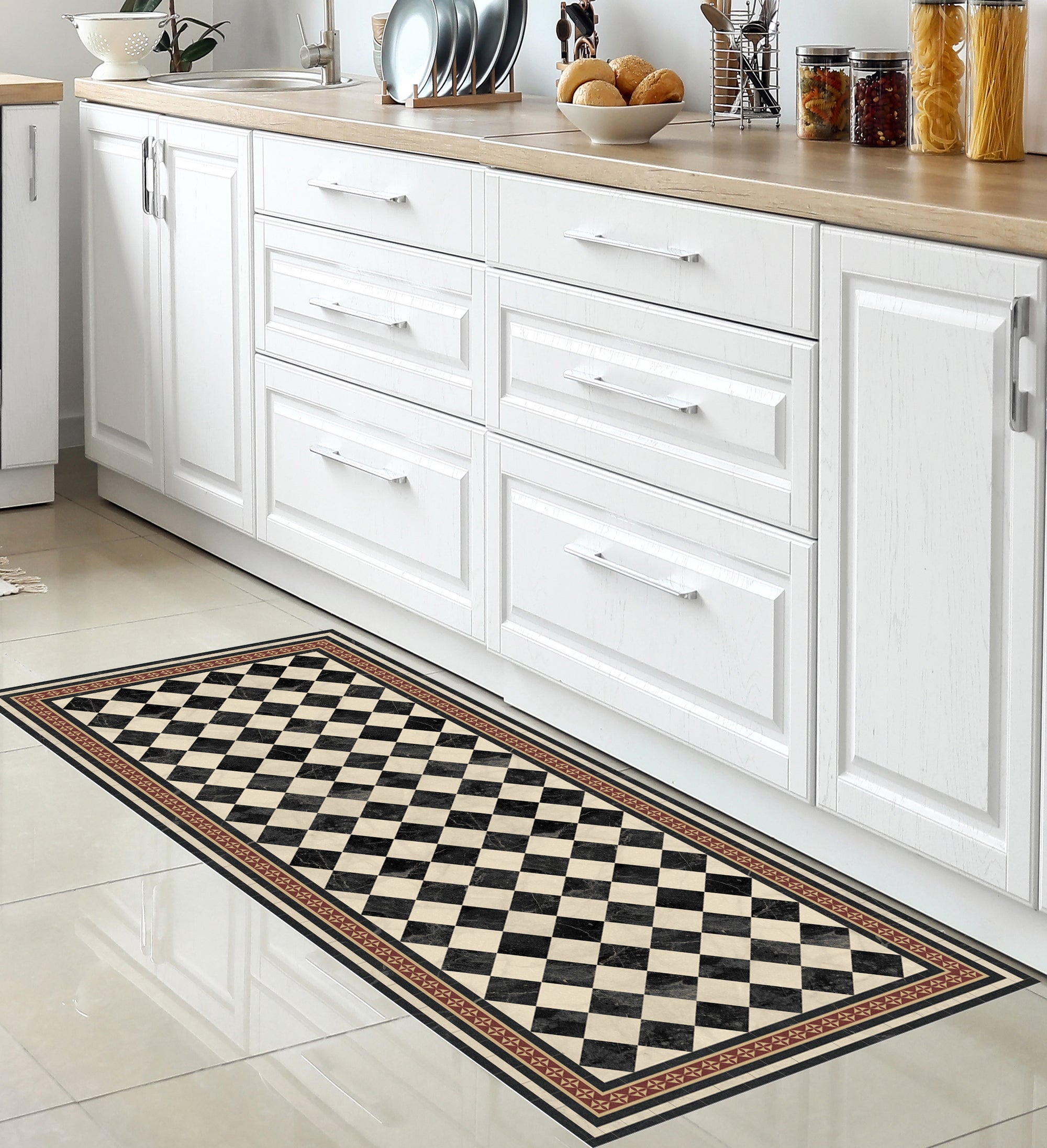 Tappeto antiscivolo in vinile Scacchi 66x250 cm - PVC stampato, lavabile, ignifugo, per il salotto o la cucina, stile idraulico - 3