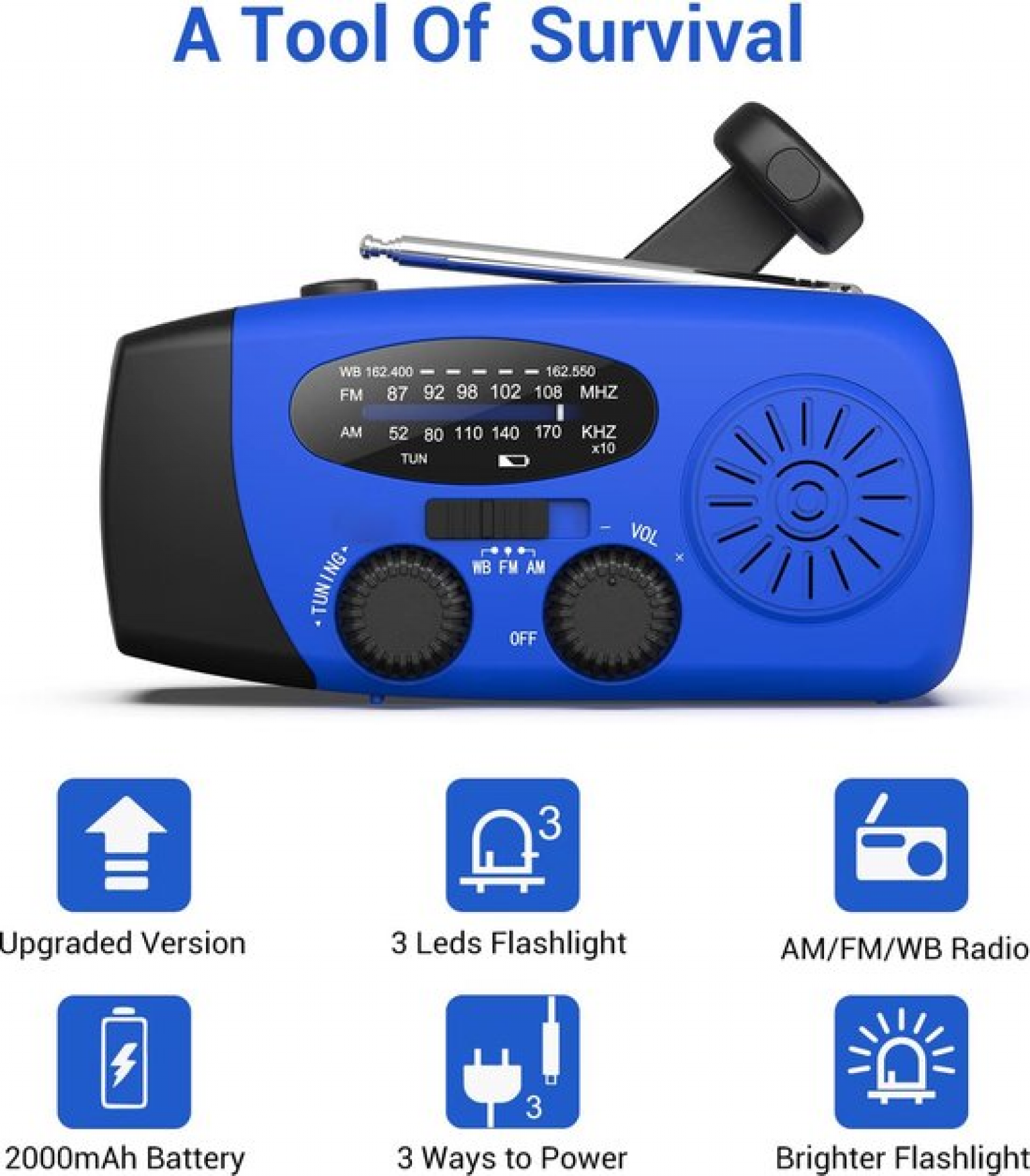 Rádio de emergência com manivela e lanterna LED, rádio portátil AM/FM NOAA com banco de energia de 2000 mAh, azul - 6