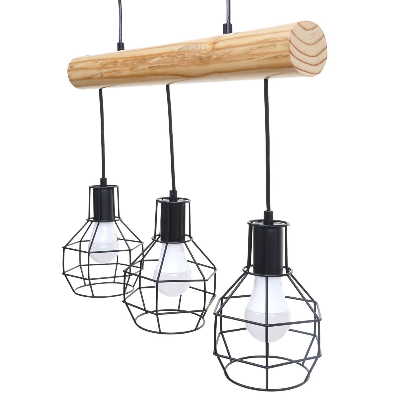 Lampe suspension lustre style industriel vintage bois massif métal noir 3 abat-jour en treillis 04_0003603 - 7