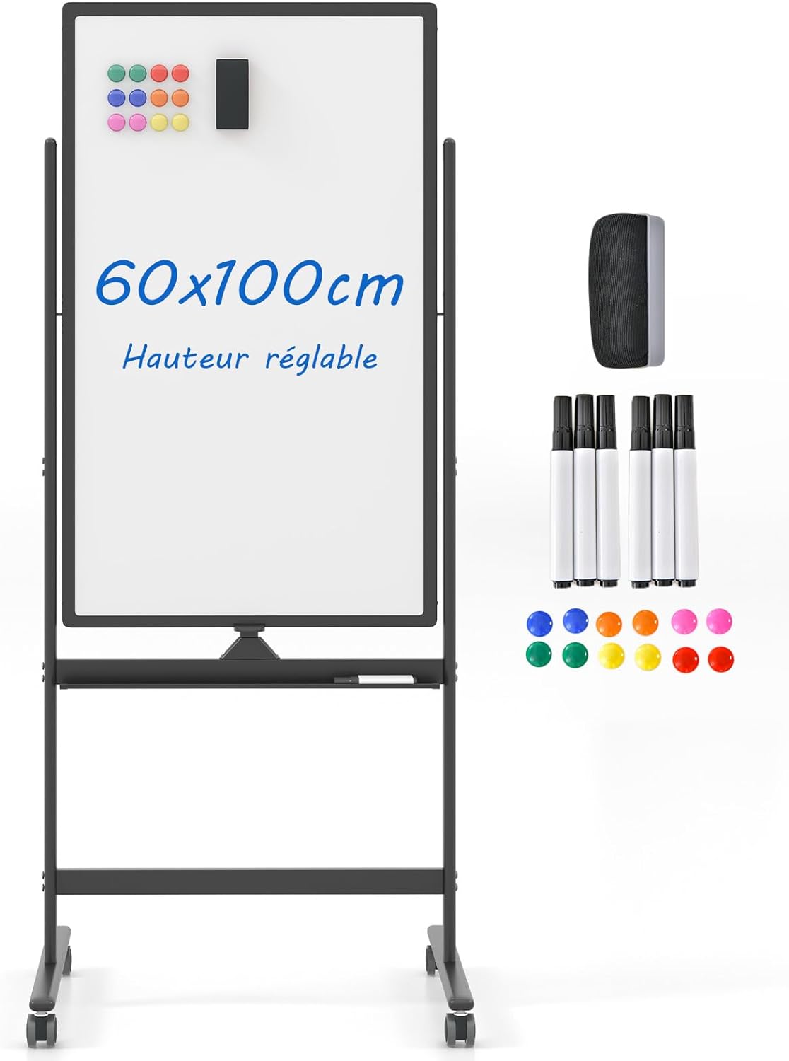 Dwustronna mobilna tablica suchościeralna, 60 x 100 cm, magnetyczna tablica suchościeralna z kółkami, stojakiem i półką na długopisy, domu (czarna)
