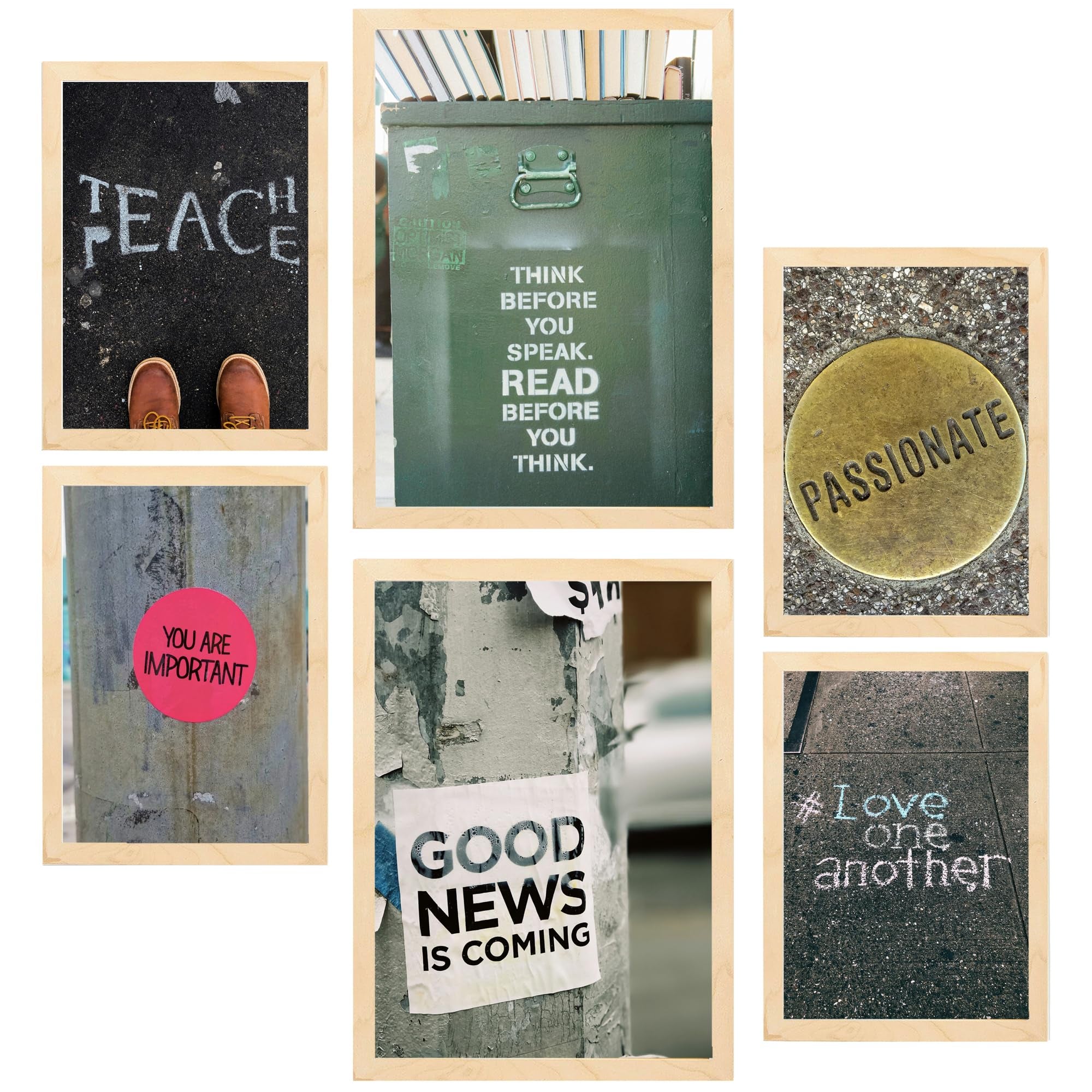 Nacnic set de 6 pósters frases inspiradoras callejeras. arte urbano marco madera clara