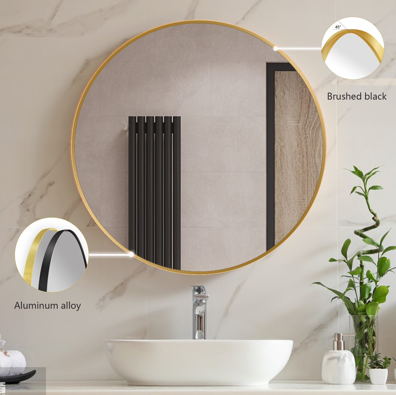 60cm Or Miroir Circulaire Miroir de Vanité avec Cadre en Alliage d'Aluminium Brossé Décoration Moderne pour Salle de Bain, Salon, Chambre à coucher - 2