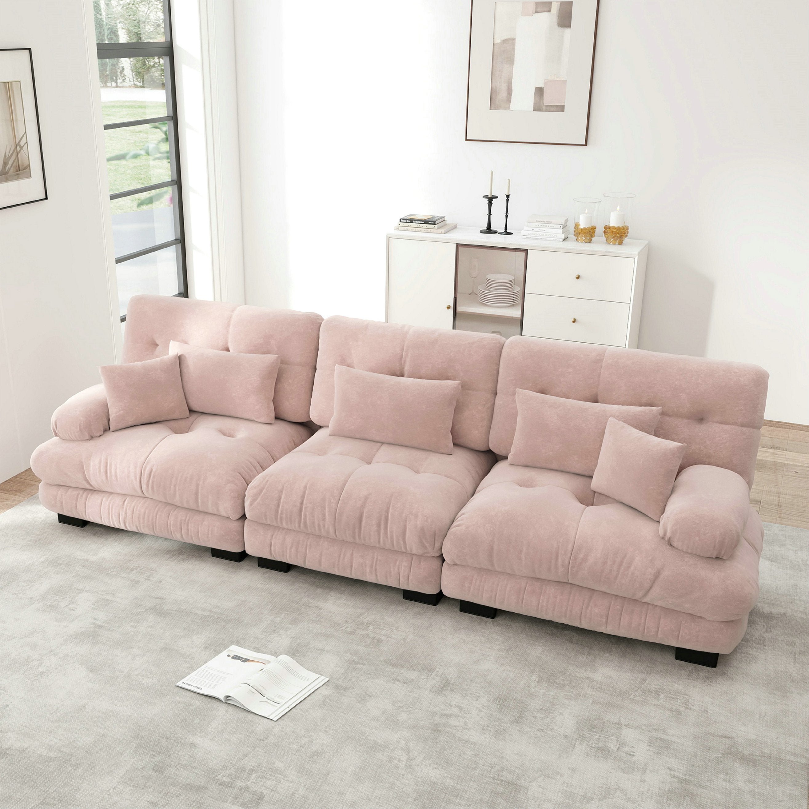 Canapé d\'angle modulaire luxueux 3 places - en forme de nuage,Élégant confortable – canapé-lit profond avec pouf – chenille – rose - 4