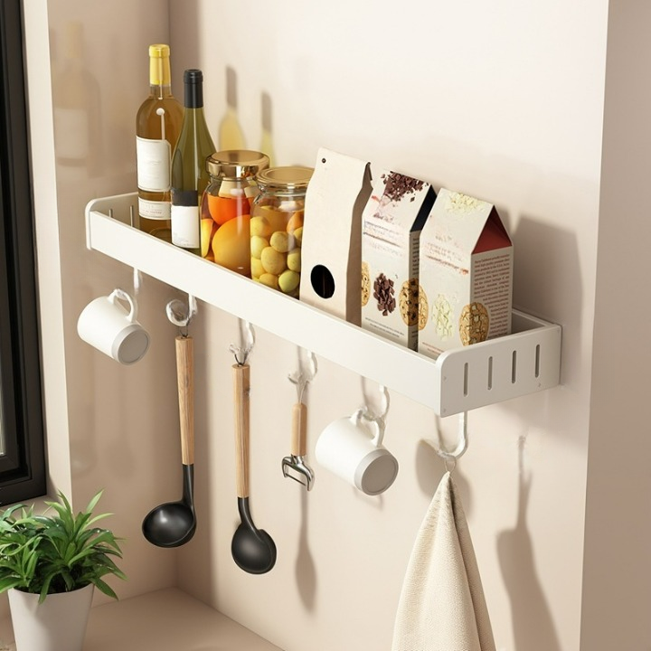 Półka kuchenna bez gwoździ, aluminiowa, ścienna, na przyprawy, z haczykami, biała, 50*13,8*5,5 cm