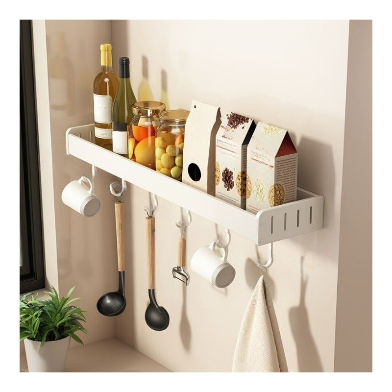 Półka kuchenna bez gwoździ, aluminiowa, ścienna, na przyprawy, z haczykami, biała, 50*13,8*5,5 cm