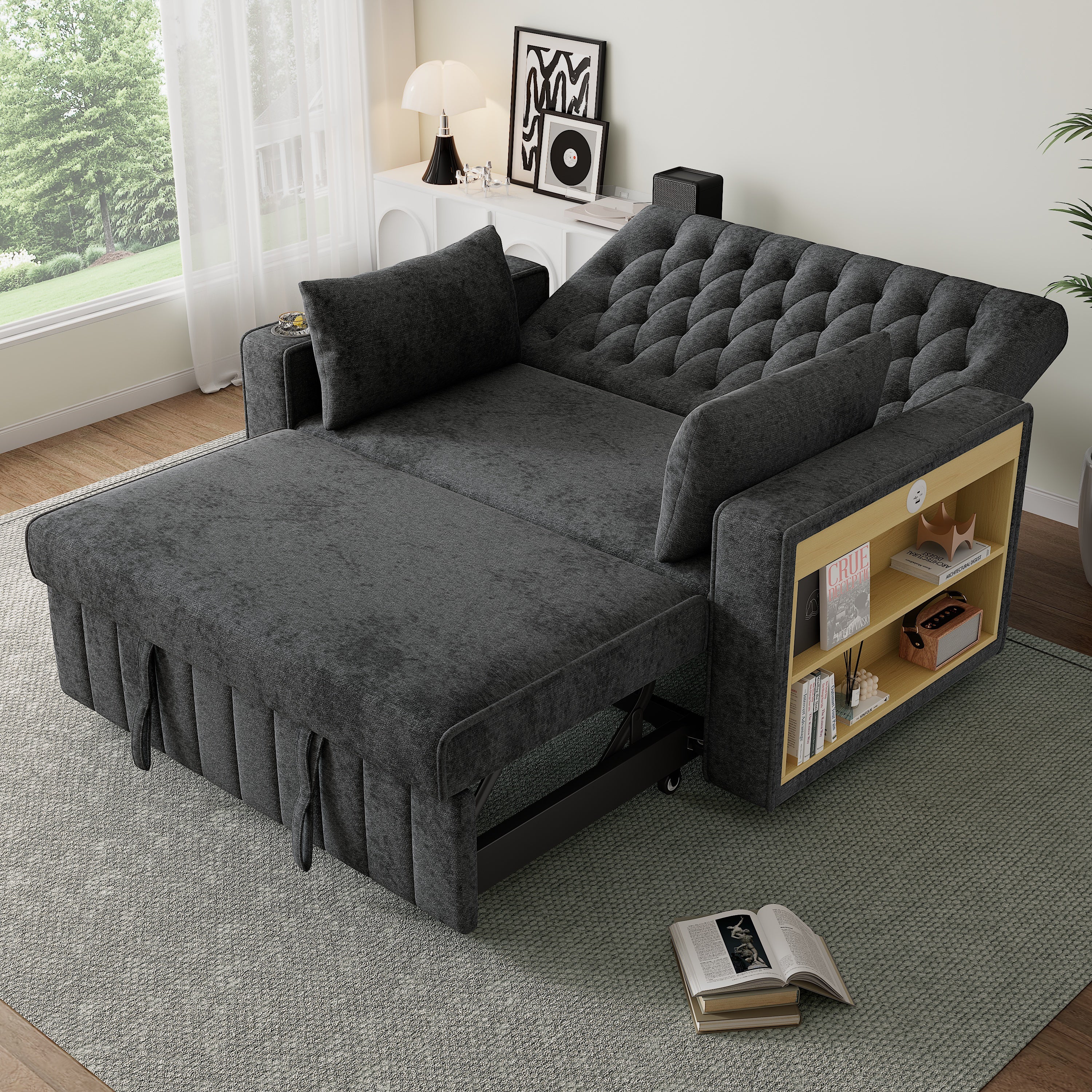 Canapé convertible 2 places, Canapé-lit pliant en chenille - 140 x 71.5/137 x 84 cm - avec fonction sommeil et prise de charge - Gris - 3