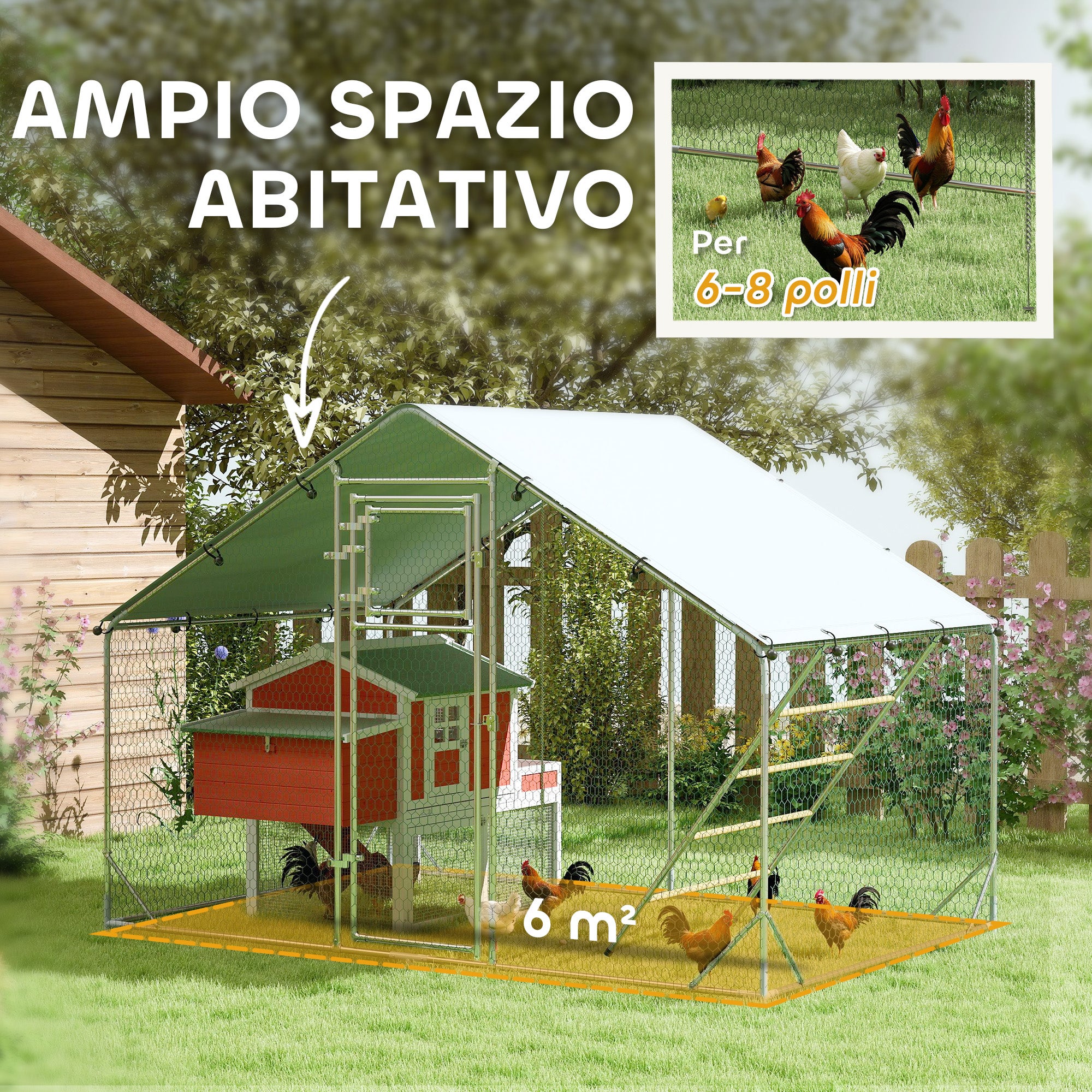 Recinto para galinhas com cobertura impermeável, porta de alimentação, comedouro suspenso e poleiro, para 6-8 aves de capoeira - 6