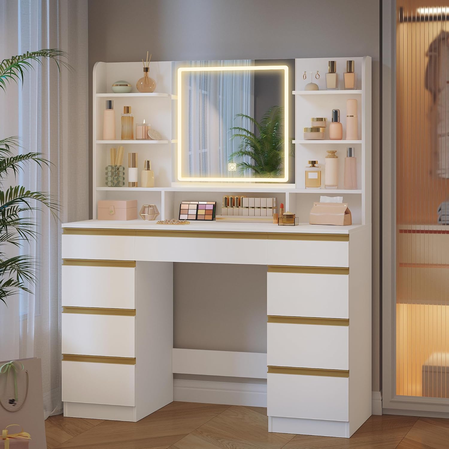 Grande Coiffeuse avec Éclairage LED, 3 Couleurs, Luminosité Réglable, Miroir, 9 Tiroirs, 9 Étagères Ouvertes, Blanc-Or - 6