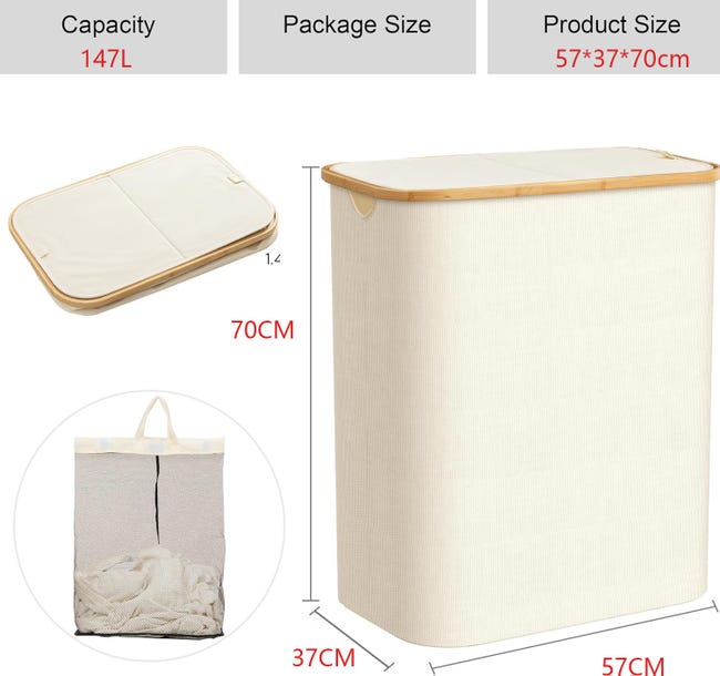 HOMCOM Portabiancheria a 2 Cesti con Coperchio in Bambù e Poliestere, Cesto Portabiancheria con Coperchio Doppio, 55x40x62 cm, Grigio e Color Legno HOMCOM Portabiancheria a 2 Cesti con Coperchio in Bambù e Poliestere, Cesto Portabiancheria con Coperchio Doppio, 55x40x62 cm, Grigio e Color Legno