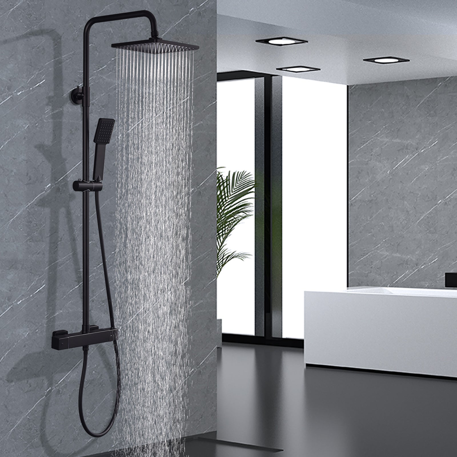 Columna de ducha termostática negra sin taladro, sistema de ducha ajustable 1006–1206 mm, cuerpo de latón con ducha de mano