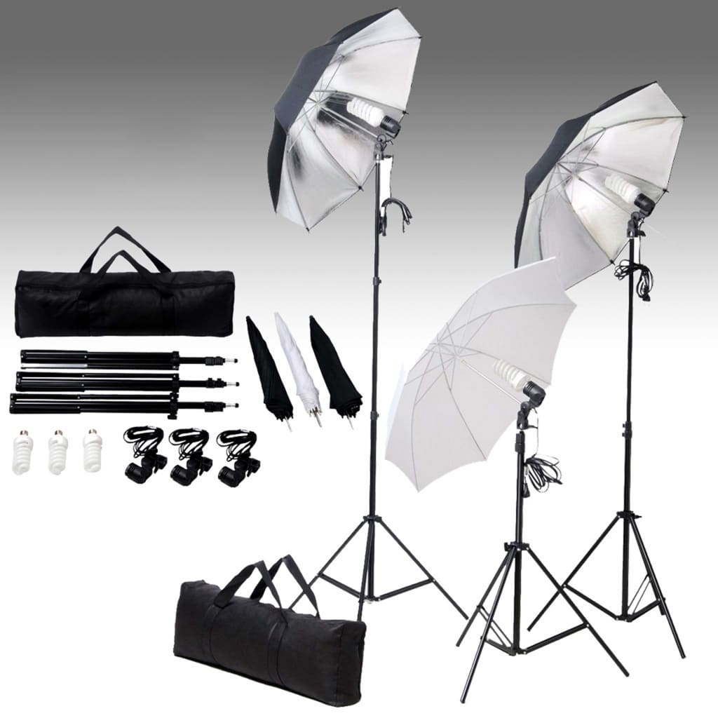 Kit Studio Photo Avec Lampes, Pieds Et Parapluies - Noir, éclairage Complet