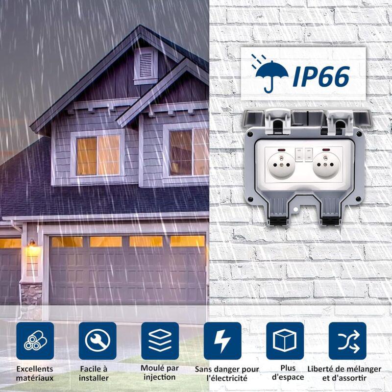 Prise Extérieure étanche avec Interrupteur et Témoin Lumineux, Double Prise Etanche Prise Standard Français Encastrée, AC250V/16A pour Cuisine - 2