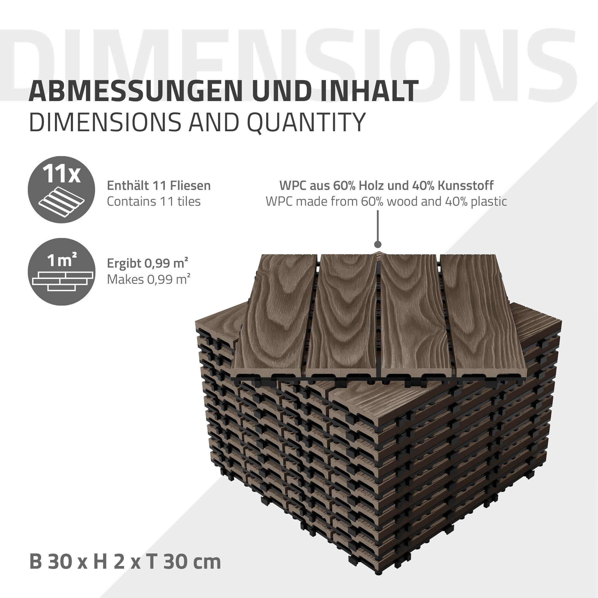ECD Germany plytki tarasowe wpc 30x30 cm 22 sztuk 2m² kwadratowy ciemnobrazowe panele podłogowe klik odpływ wodny balkon taras ogród patio weranda - 6