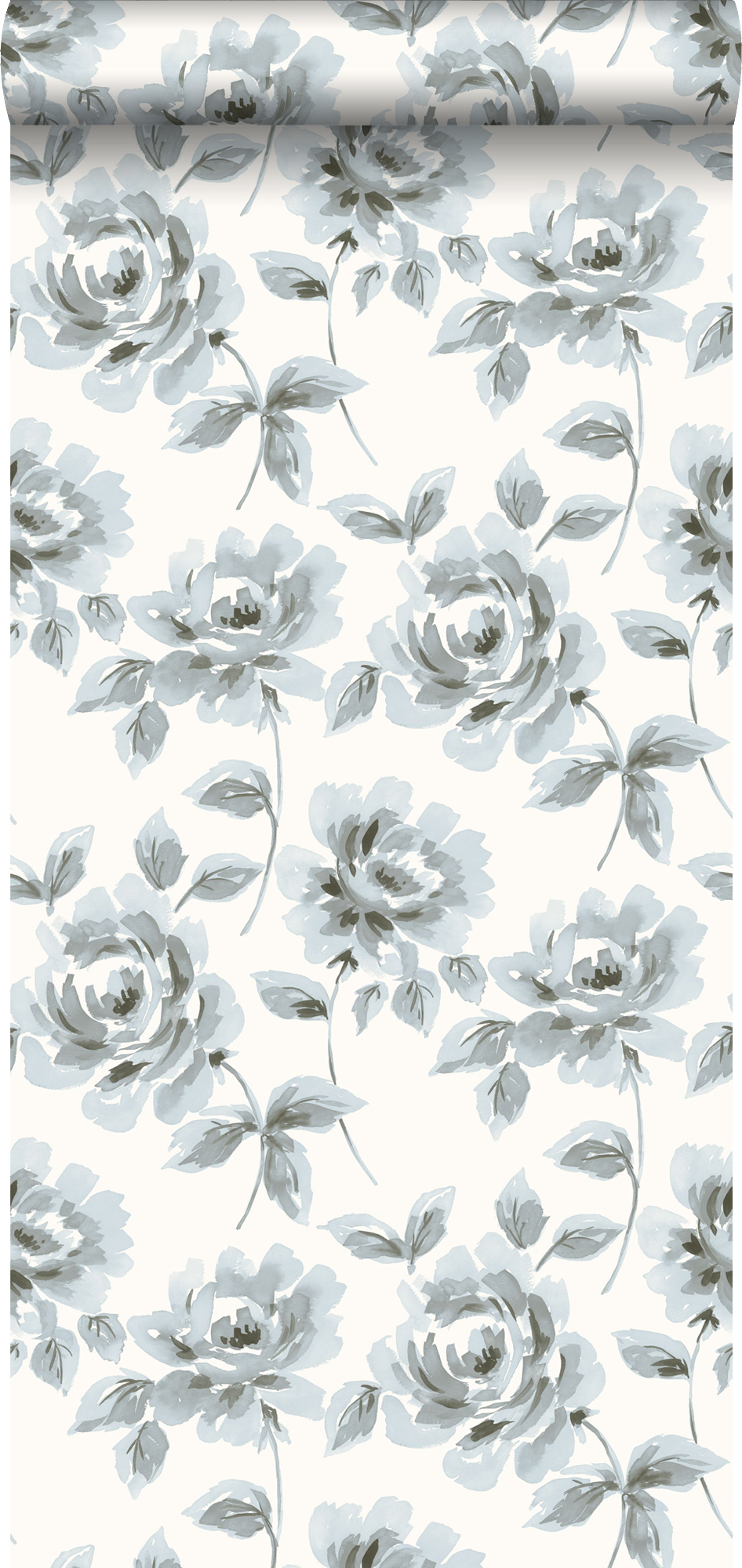Papel pintado rosas pintadas a la acuarela azul claro y gris - 53 cm x 10,05 m - estahome