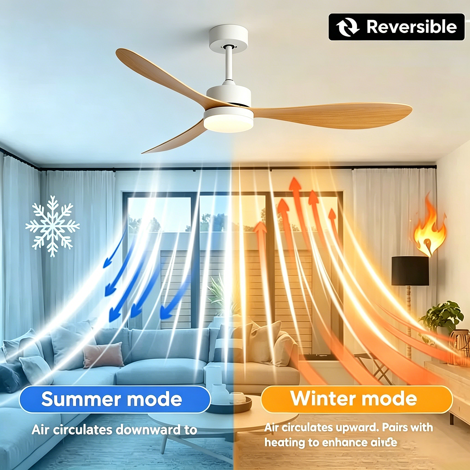 Ventilateur de plafond avec lumière, télécommande/contrôle par application, 6 vitesses de ventilation, minuterie, gradation continue (132 cm) - 7
