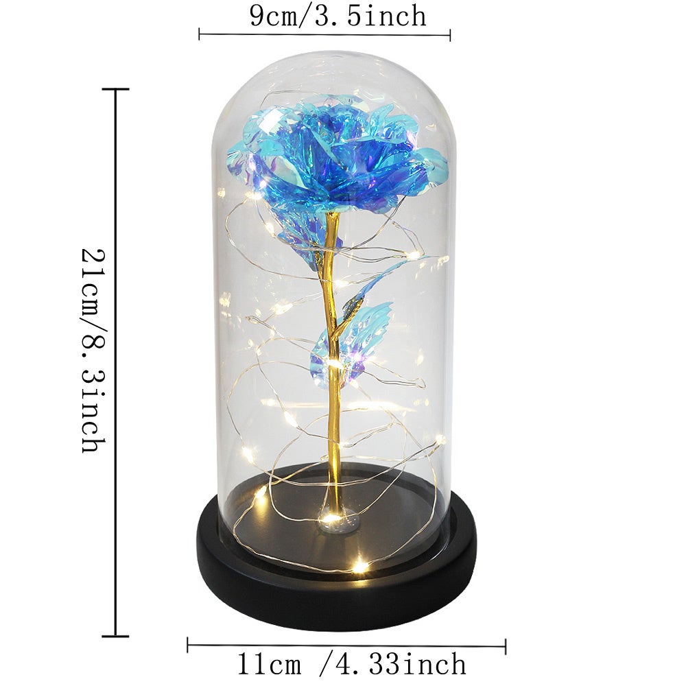 Rosa Nera Con Luci LED In Cupola Di Vetro Su Base Legno - Decorazione Luminosa Per Matrimoni, Feste E Camera, Blu