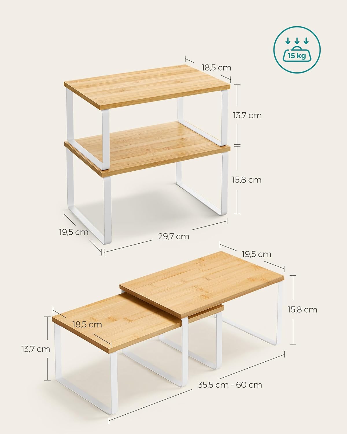 Organizadores de Cocina, Juego de 4 Estantes de Cocina, Apilables, Expandibles, Metal y Madera de Ingeniería, Blanco y Natural - 6