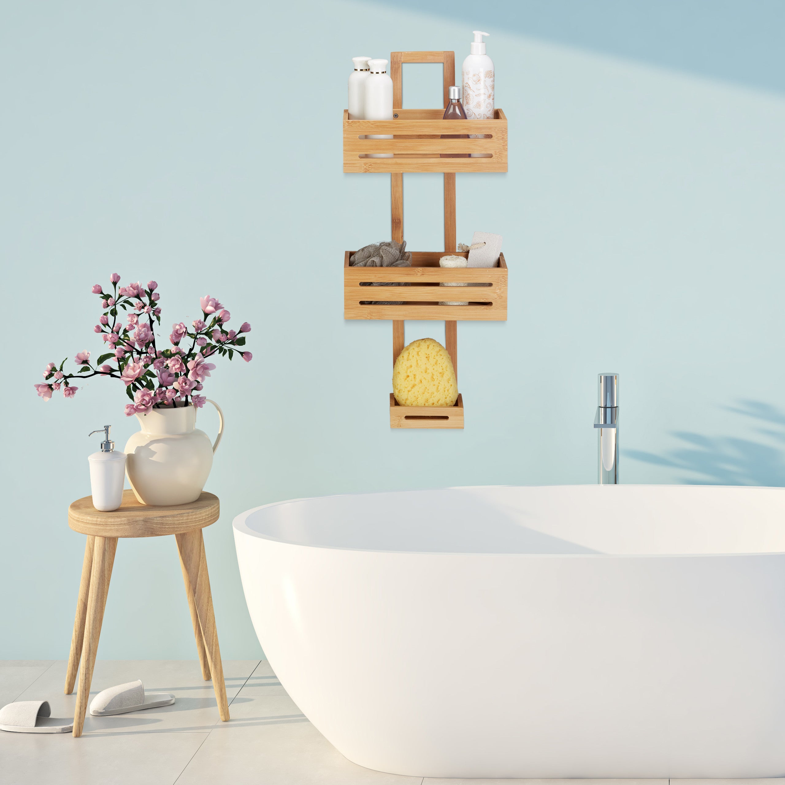 Mensola portaoggetti da bagno sopra la toilette, organizer da bagno in ferro bianco con gancio per appendere e base adesiva, senza fori salvaspazio con design a parete