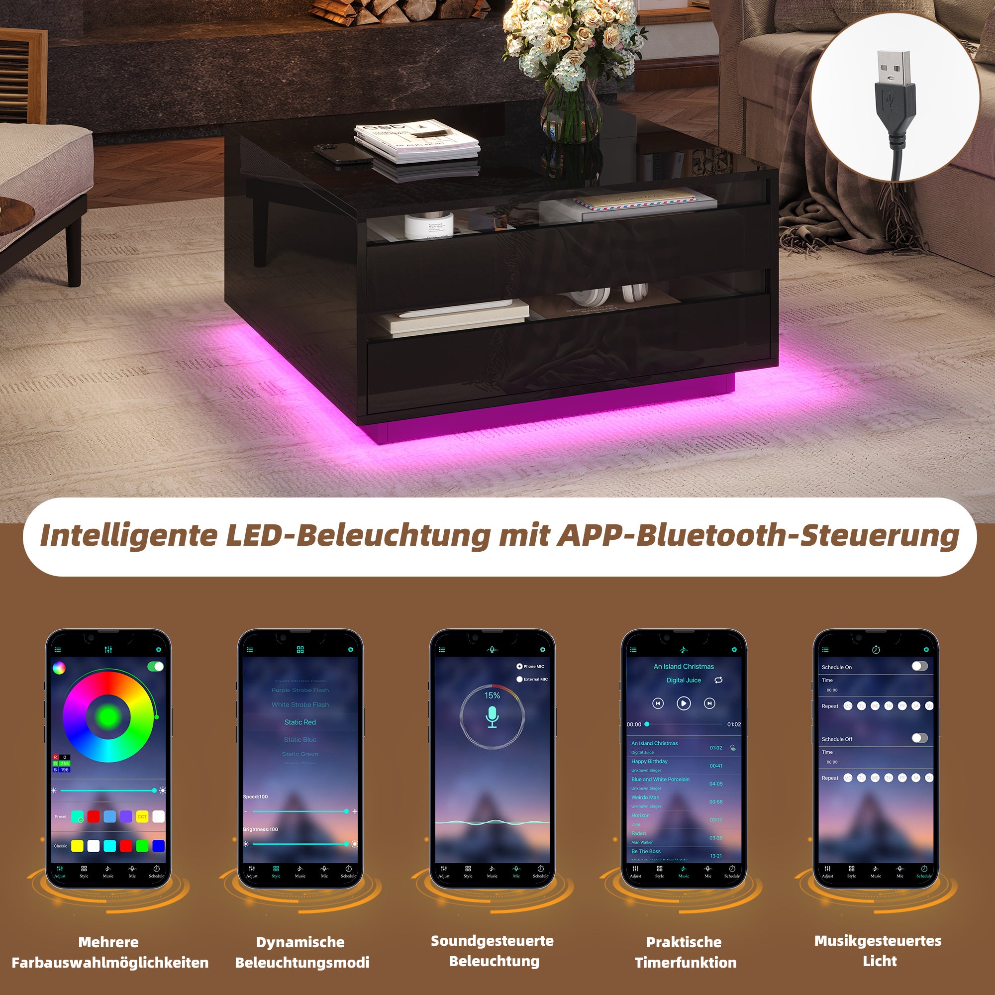 Table basse carrée avec plateau relevable et 1 tiroir - 70 x 70 x 38 cm - LEDs - Panneau de particules - Noir brillant - 9