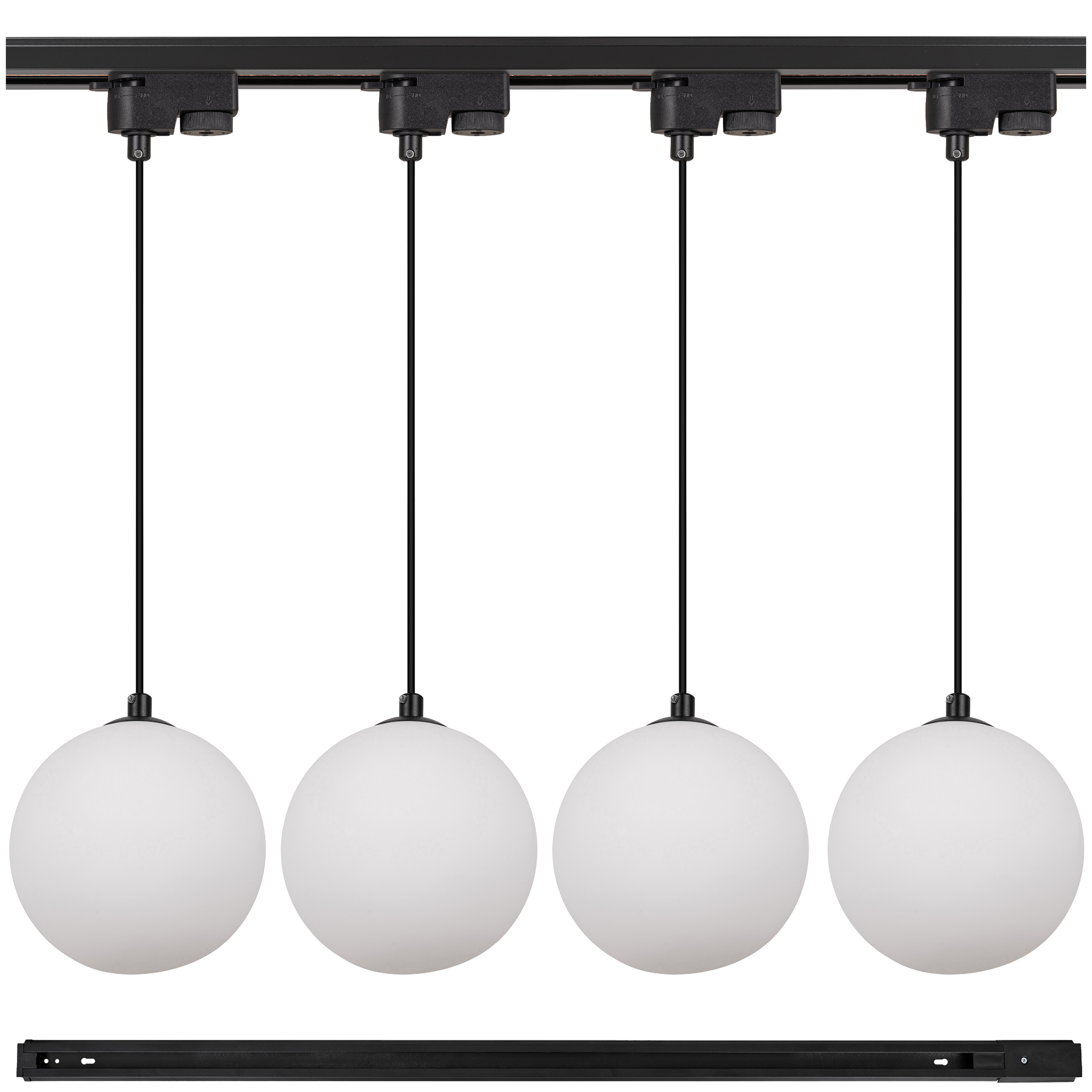 Lampa szynowa wisząca 4x BIAŁA KULA klosz mleczny G9 + Listwa szynoprzewód 1m Oprawa szklana z kablem OZDOBNA - LEDHOFF