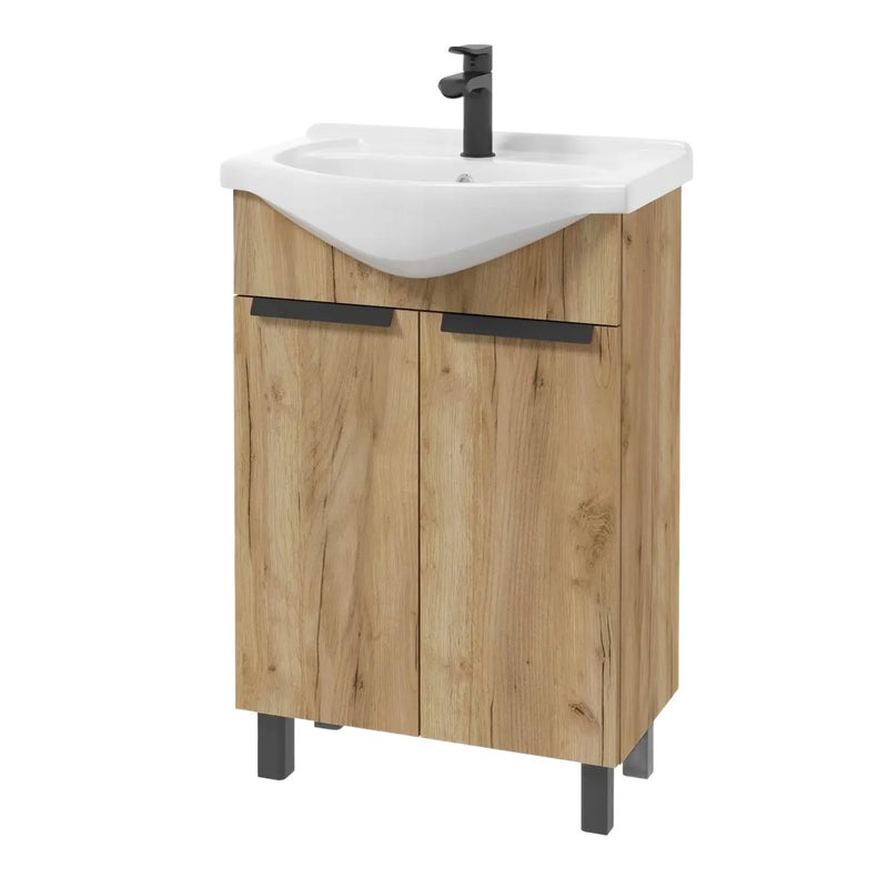 Szafka Łazienkowa Stojąca Dąb Craft Złoty Mat z Umywalką 50 Uchwyty Czarne